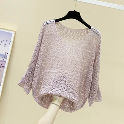 ms v-neck sweater loose languid is lazy wind thin with western style hollow out knitting render unlined upper garment