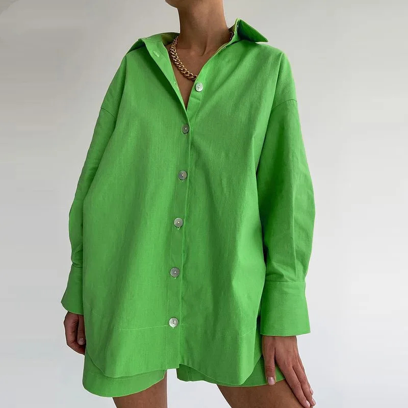 Casual Women Short Set Tracksuit Loungewear Two Piece Women Outfits Oversized Long Shirt And High Waist Shorts Green