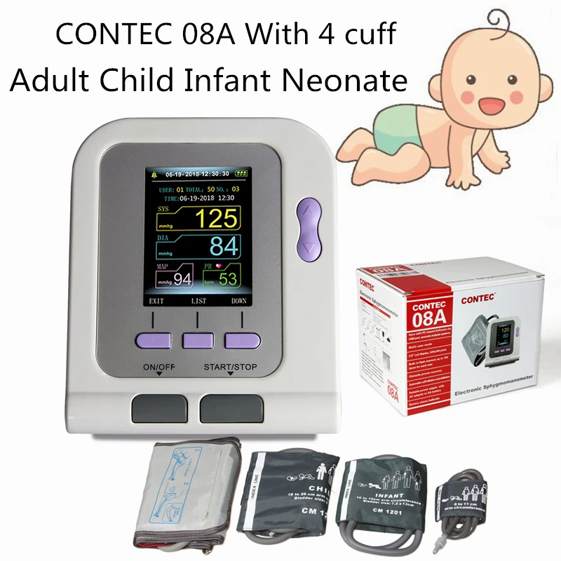 Sphygmomanometer CONTEC08A with 4 cuff CE Digital Blood Pressure Monitor Color LCD Display Adult Child Infant Neonate cuff