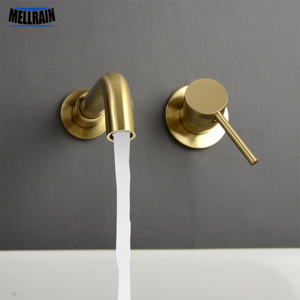 Minimalism Bathroom Faucet Single Handle Wall Mounted Black & Brushed Gold Water mixer Tap 360 Degree Rotatable