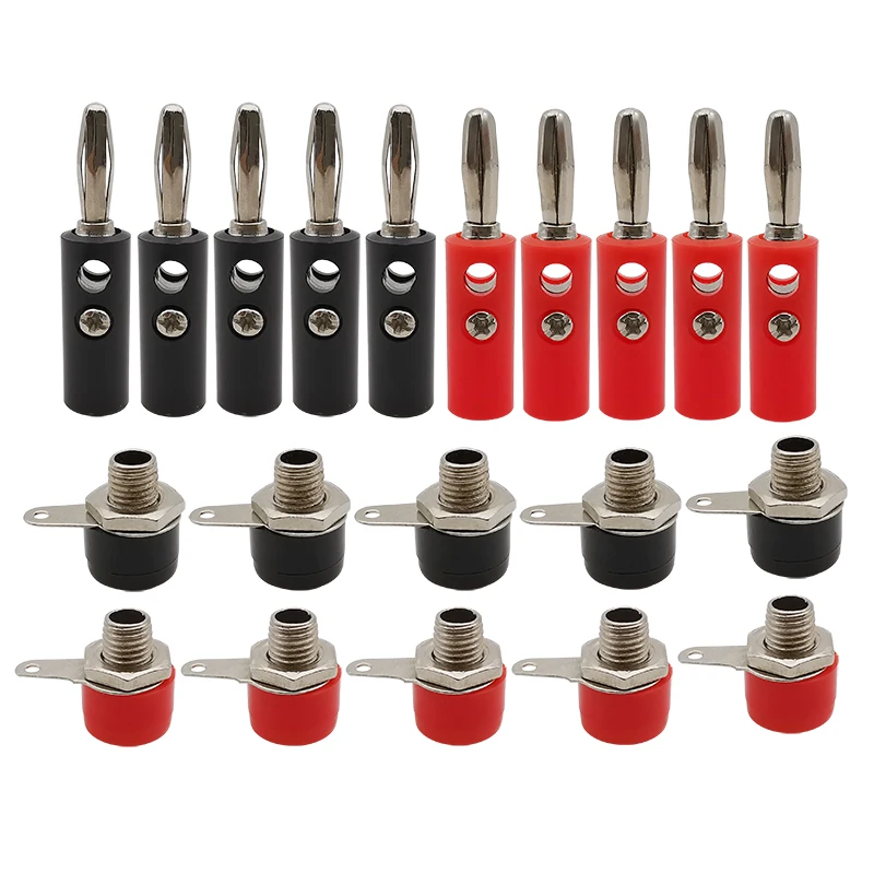10 Paar silberne 4-mm-Bananenstecker, männlich und weiblich, 4 mm Bananenbuchse, Panelmontage, Bananenbuchse, Anschlussstecker-Adapter, Rot, Schwarz – Detail 1