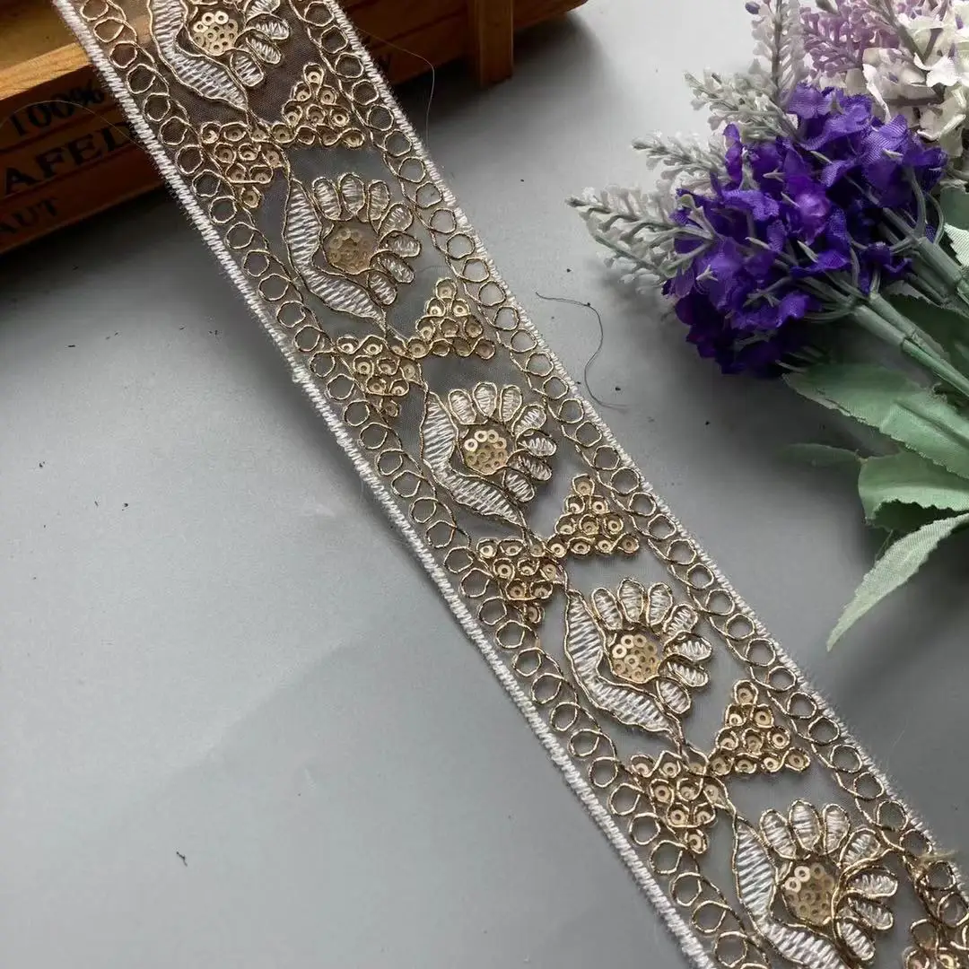 1 Yards Sequin Lace Trim Lace Ribbons Fabric DIY Embroidery for Garments Headdress Ethnic Wedding Decor Sewing Handmade Supplies