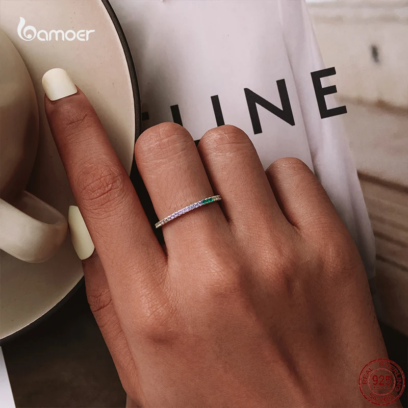 Bamoer 2021 Authentic 925 Sterling Silver Rainbow CZ Finger Rings For Women Stackable Trendy Wedding Jewelry Multi-size GXR583