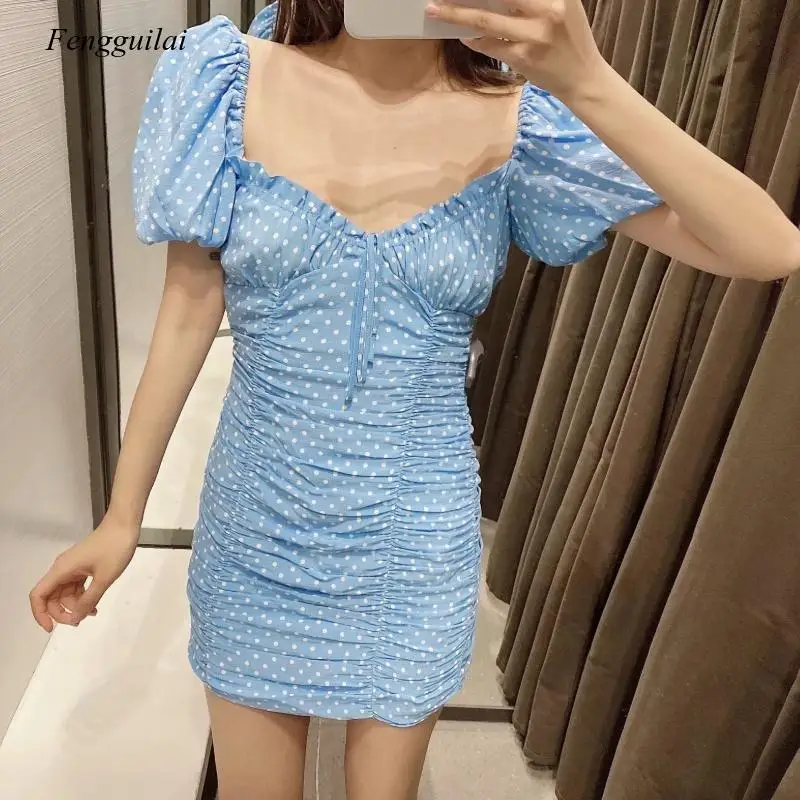 New 2021 Women Fashion Agaric Lace Dots Print Pleated Dress Chic Female Lantern Sleeve Vestidos Casual Slim Dresses