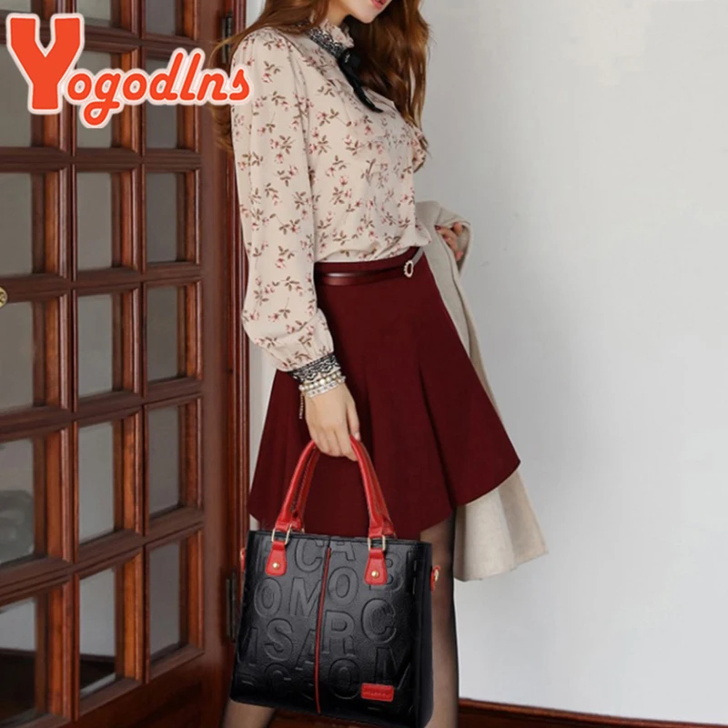 Yogodlns Vintage Letter Handle Bag For Women PU Leather Shoulder Bag Large Capacity Crossbody Bag Fashion Handbag Shopping Pouch