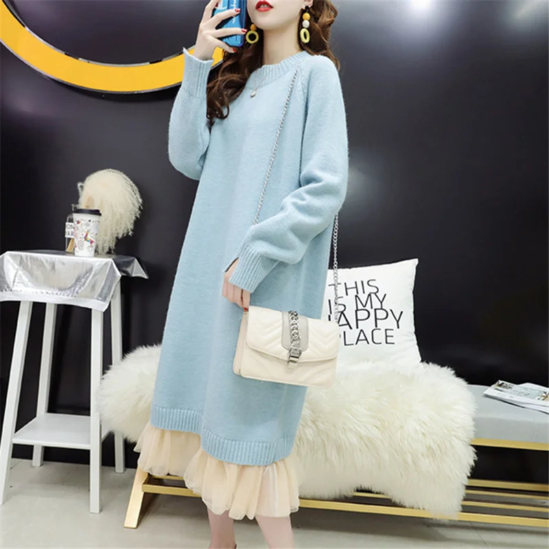 

Autumn Winter Thick Long Knitted Sweater Dress Women Loose Jumper Ladies Korean Blue Black Khaki Knitting Pullover Tops Female