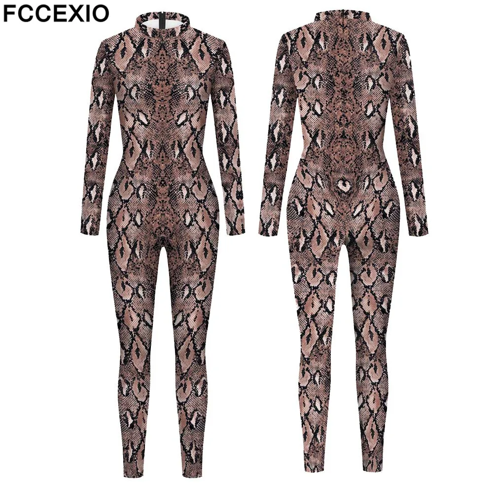 FCCEXIO 2021 New Women\'s Jumpsuit Sexy Snake Printed Romper Bodycon Female Body Outfits Party Bodysuit Cosplay Costumes