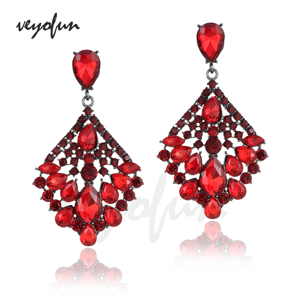 Veyofun Vintage Hollow Crystal Drop Earrings Luxury Red Color Rhinestone Dangle Earrings for Women Fashion Jewelry