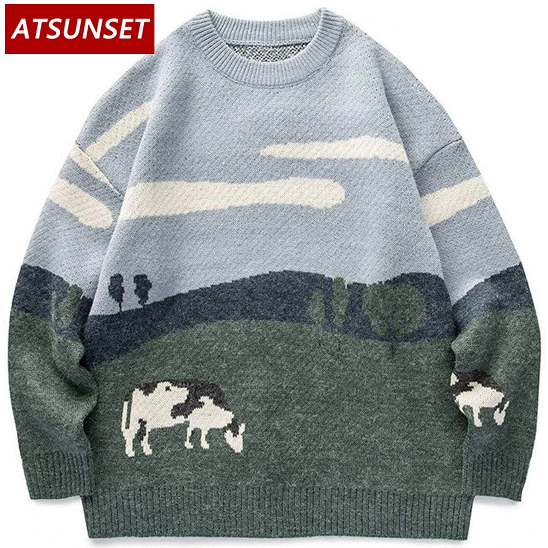 ATSUNSET Cow Pattern knitting Sweater Hip Hop Streetwear Vintage Style Harajuku Knitting Pullover