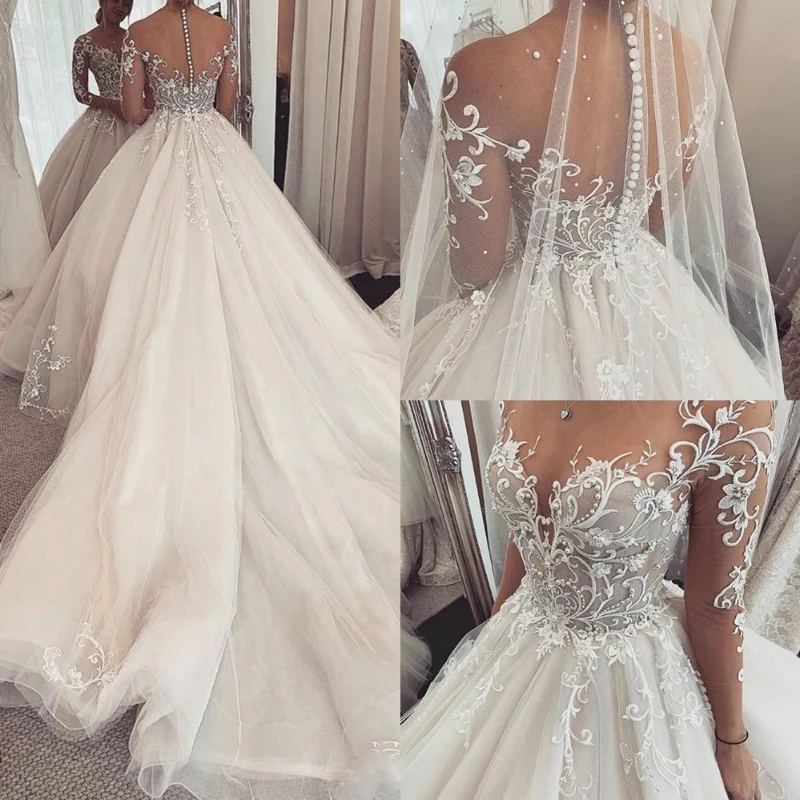 Encantador vestido de novia de encaje, manga larga transparente, ilusión hecha a medida, línea A, 2020