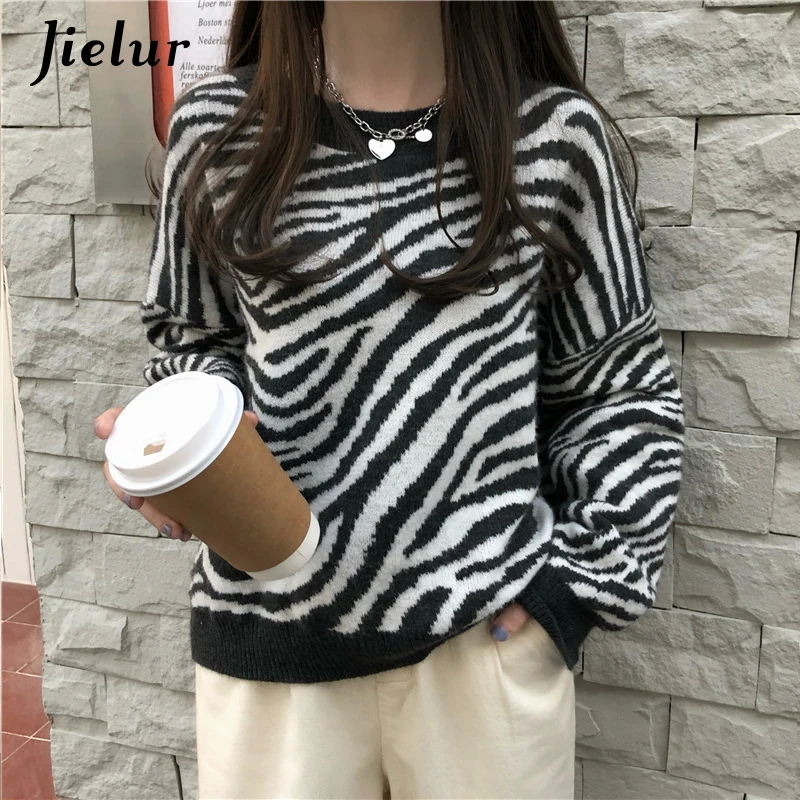 Jielur O-Neck Women's Sweater Loose Pullovers Ladies Soft Striped Zebra Chic Korean Knitted Sweaters Casual Tops Winter Harajuku