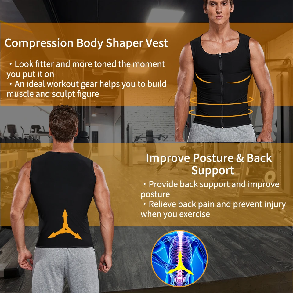 Homens Sauna Sweat Vest, Waist Trainer, Espartilho, Zíper, Treino, Regata, Emagrecimento, Body Shaper, Camisa de Compressão, Perda de Peso,