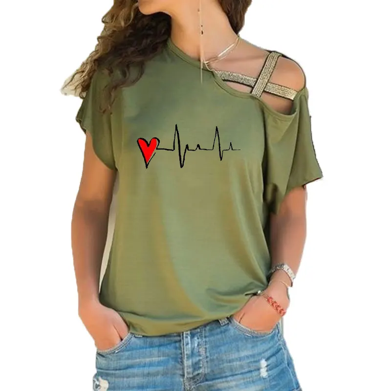 Summer ladies Basic Harajuku heart-shaped print T Shirt Women Short Sleeve T-shirt Irregular Skew Cross Bandage Tee Tops