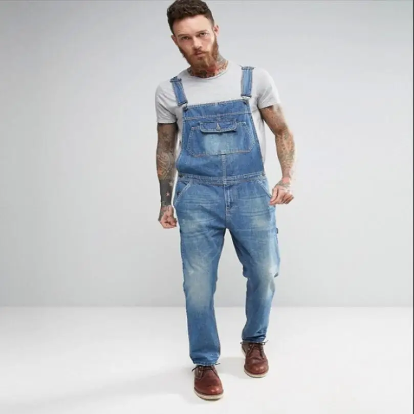 

Mens Ripped Denim Jumpsuit Fashion Full Length Suspender Pants Homme Jeans High Street Distressed Overalls Casual Trousers w142