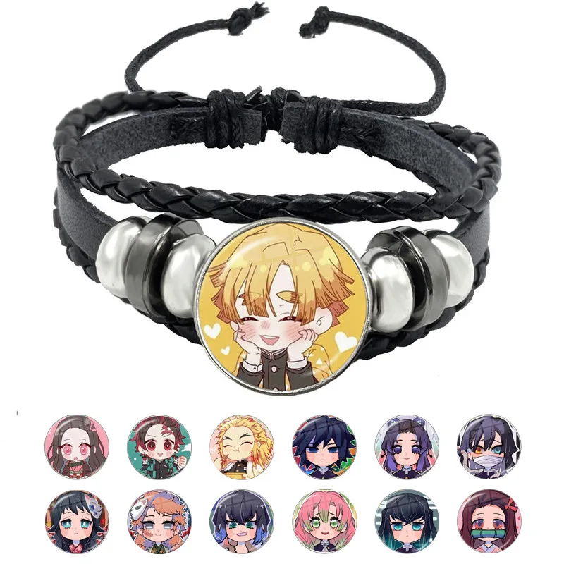 Anime Demon Slayer: Kimetsu No Yaiba Kamado Tanjirou Cosplay Bracelet Cartoon Collect Glass Cabochon Leather Bangle Jewelry Gift