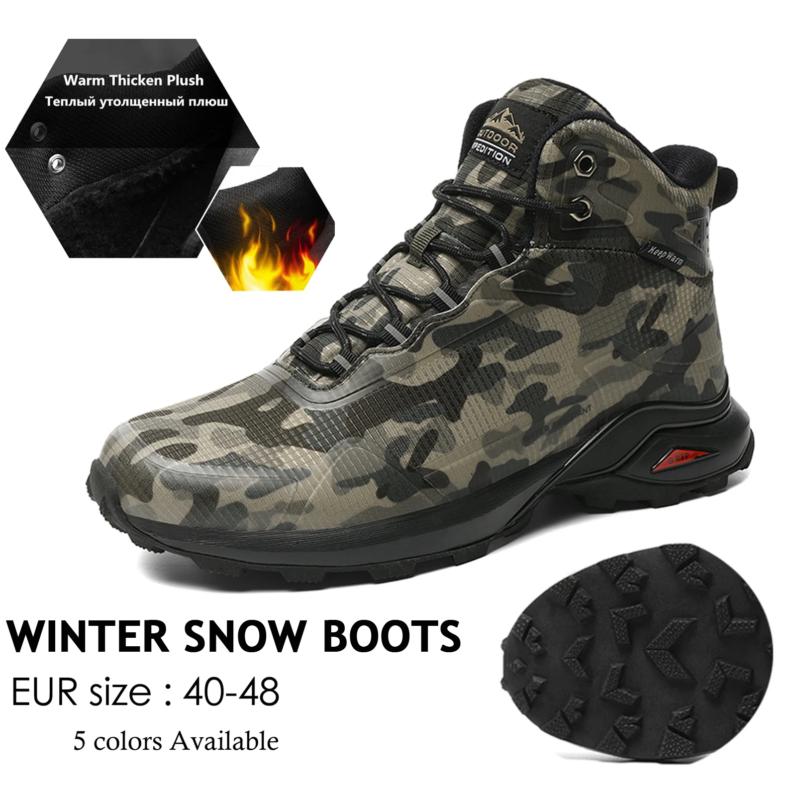 Botas de invierno para hombre, botas de nieve antideslizantes de felpa cálidas para hombre, zapatos de senderismo de camuflaje impermeables al aire