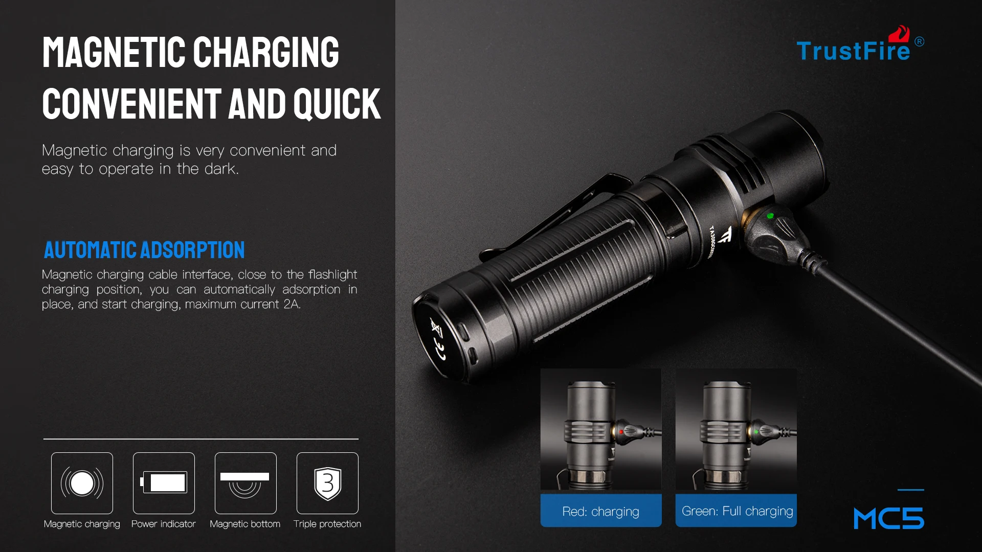 Trustfire MC5 LED Flashlight 3300Lumen Rechargeable Lamp EDC 21700 Battery Torchs with Magnetic USB Charging and Power Indicator