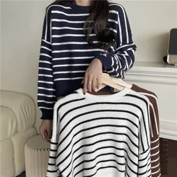 Women New Four-color Striped Knitted Sweater Casual Round Neck All Match Autumn Long Sleeve Loose Knitting Sweater Coat Top