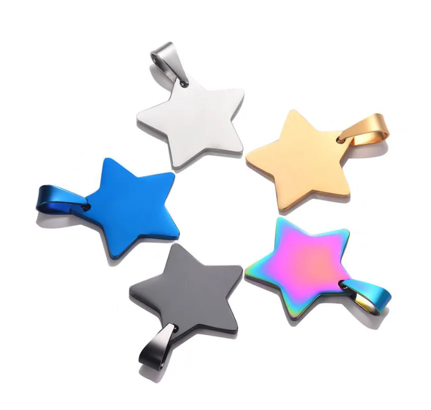 5PCS Wholesale 5 Colors Unisex Stainless Steel Star Stamping Blank Dog Tags Pendant Necklace Jewelry Findings 24x25mm