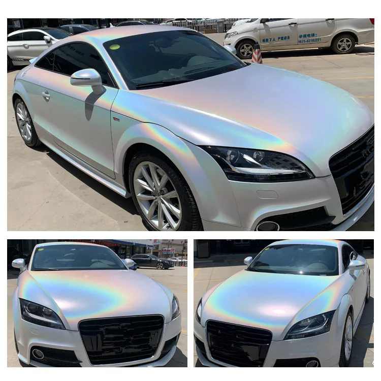 HOHOFILM White Chameleon Laser Neo Chrome Car Stickers Holographic Chrome Rainbow White Car Stickers Laser Car Body Wrap Vinyl