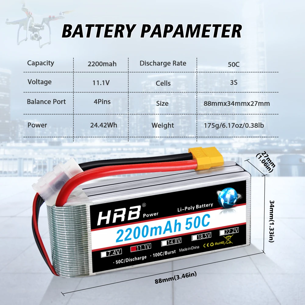 1/2PCS HRB 3S LiPo Battery 11.1V 2200mAh 50C for RC Car with Deans Plug XT60 Connector For RC Car Helicopter Drone Boat Airplane