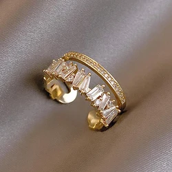 Luxury Zircon Gold Color Double Layer Adjustable Opening Rings For Women Fashion Wedding Party Jewelry Birthday Gift Wholesale