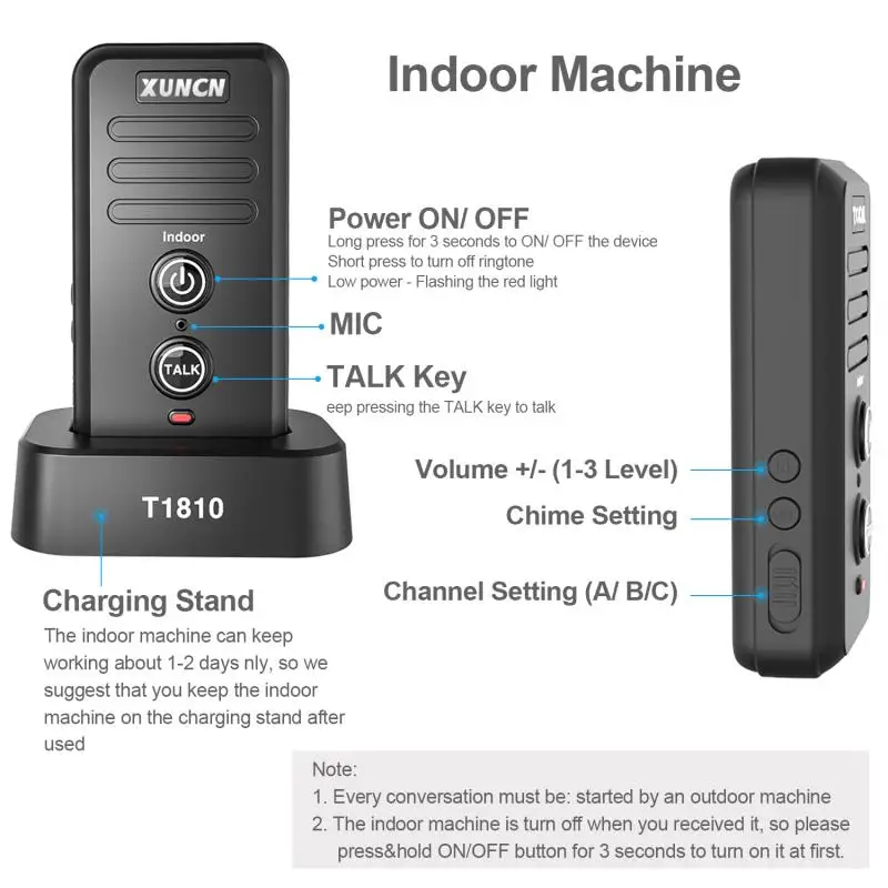 Impermeável campainha sem fio eletrônico, campainha Intercom sistema, 1-2 Mile Range, 3 níveis de volume, bateria recarregável