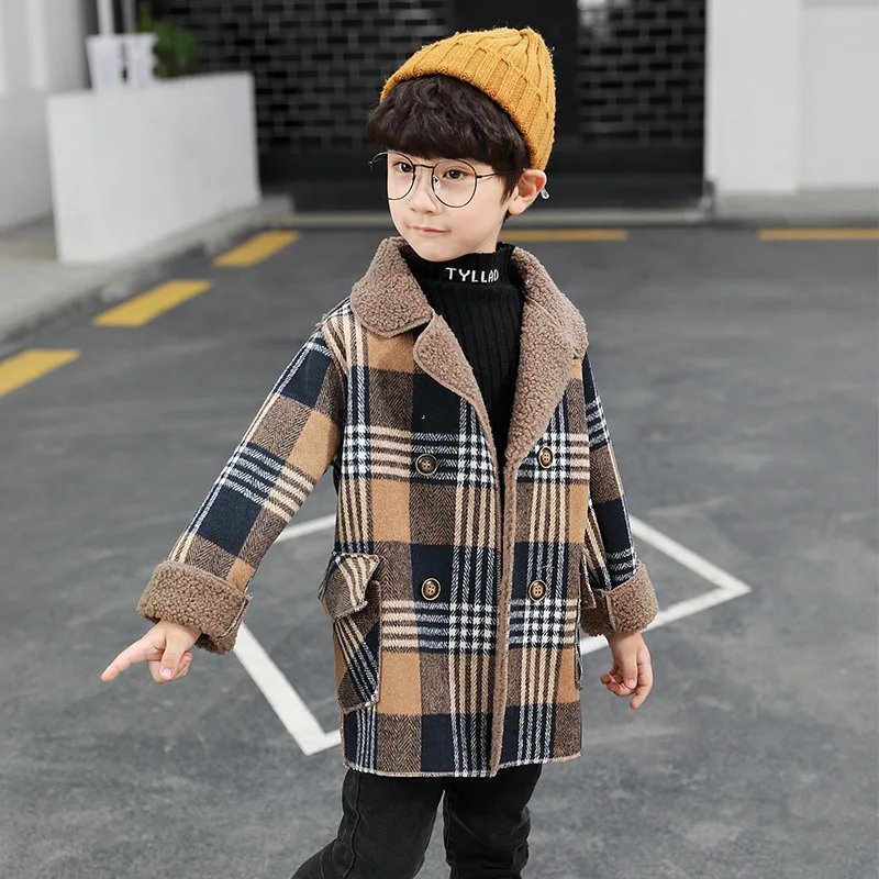 

Wool Coat Jacket For A Boy 2022 Autumn New Fashion Plaid Turn Collar Plus Velvet Kids Trench Childrens' Outerwear 2-10T Clothes