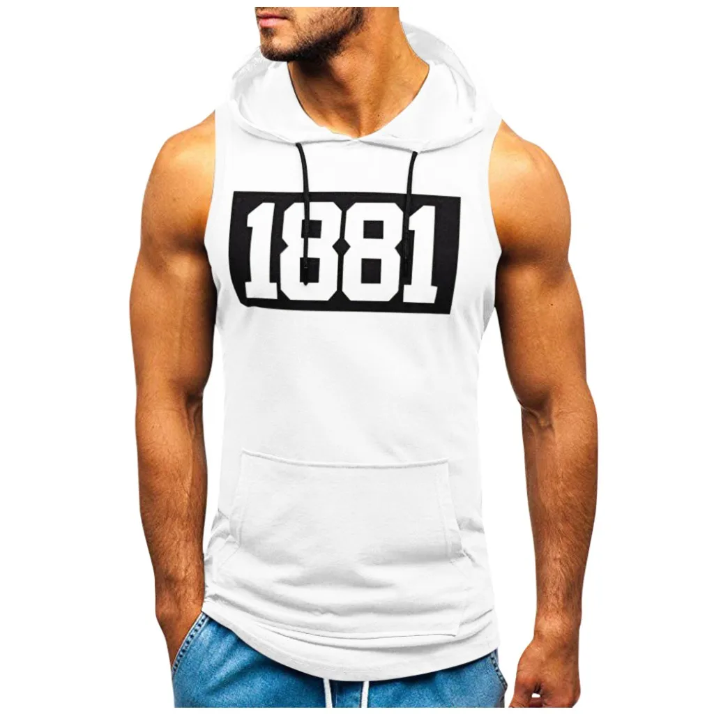 Sports Tank Tops Men Fitness Muscle Print Sleeveless Hooded Bodybuilding Pocket Tight-drying Tops Summer Shirt For Men Clothing