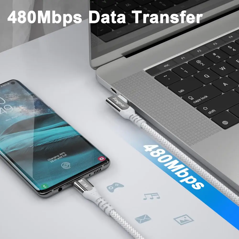 Fasgear 100W Cable USB C 90 grados PD rápido USB tipo C Cable de carga 480Mbps Cable de datos para Xiaomi Samsung Huawei P30 P20 Macbook iPad