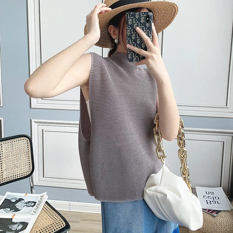

Pleated Top For Women's 2021 New Sleeveless High Collar T-shirt Women's Summer Wear