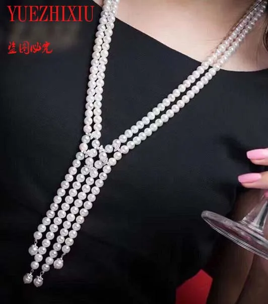 

Freshwater pearl 8-9mm near circle 925 silver-encrusted zircon double-layer tassel necklace sweater chain