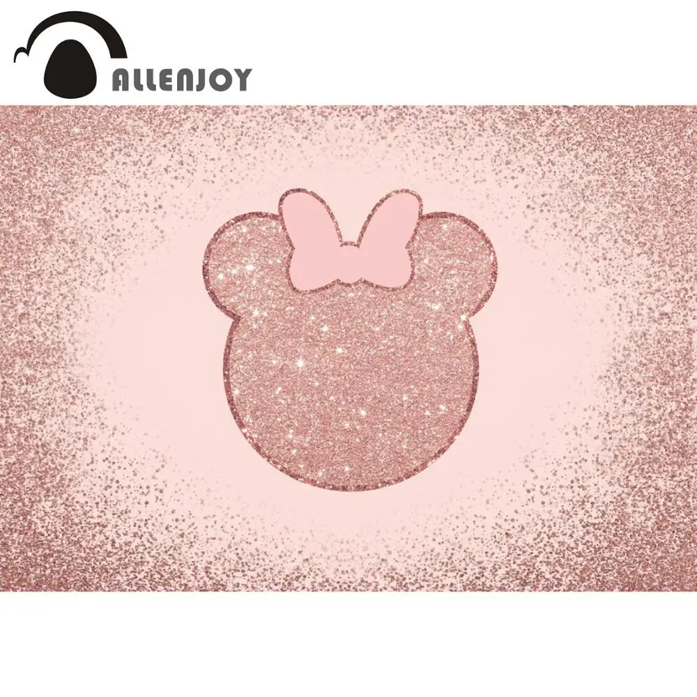 Allenjoy-마우스 배경, 활 장미 황금 모래 반짝이 파스텔 생일 베이비 샤워 공주 사진 배경 배너 패브릭