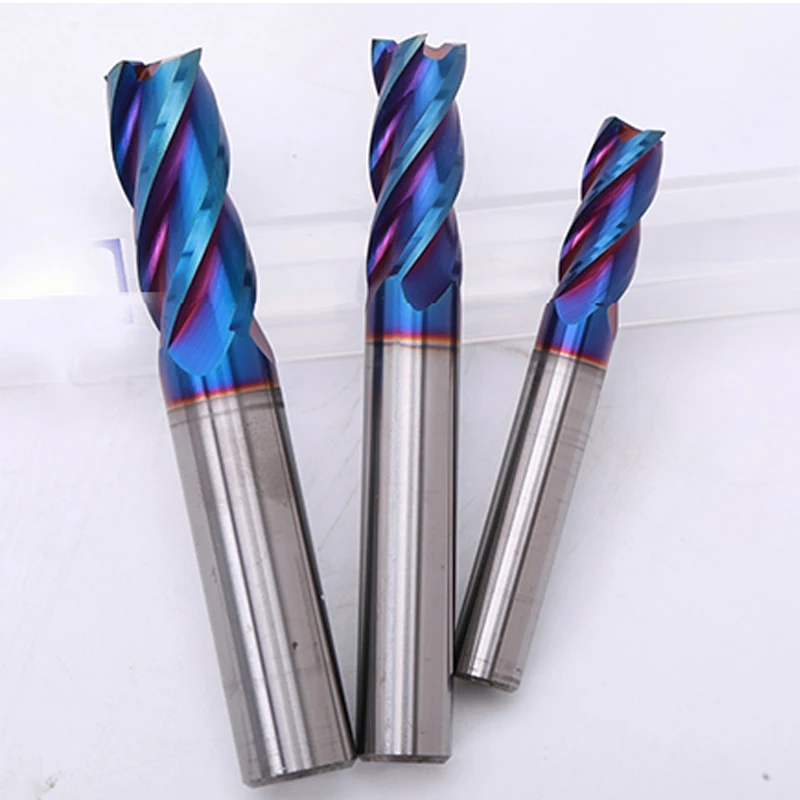 Brocas de extremo plano de acero de tungsteno HRC70, revestimiento azul Nano, Herramientas CNC, cortador de fresado, broca de fresado de carburo