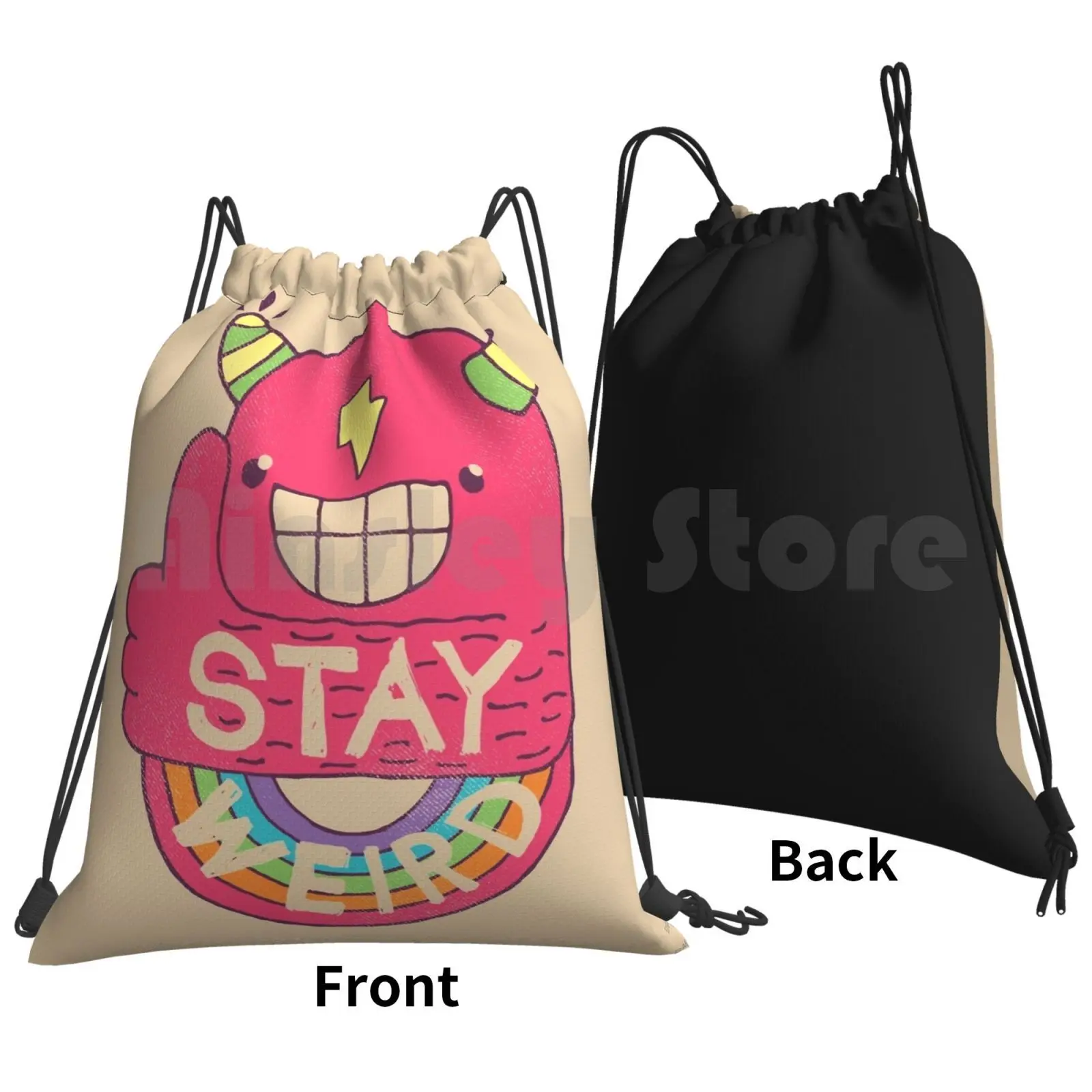 Stay Weird! Backpack Drawstring Bag Riding Climbing Gym Bag Weird Cool Thumbs Up Funny Wtf Rainbow Monster Happy Slogan Type