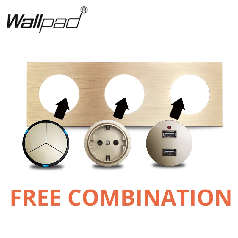 Wallpad EU French Wall Socket Electrical Outlet L6 Gold Brushed Aluminum RJ45 CAT6 HDMI-compatible Modules Free Combination