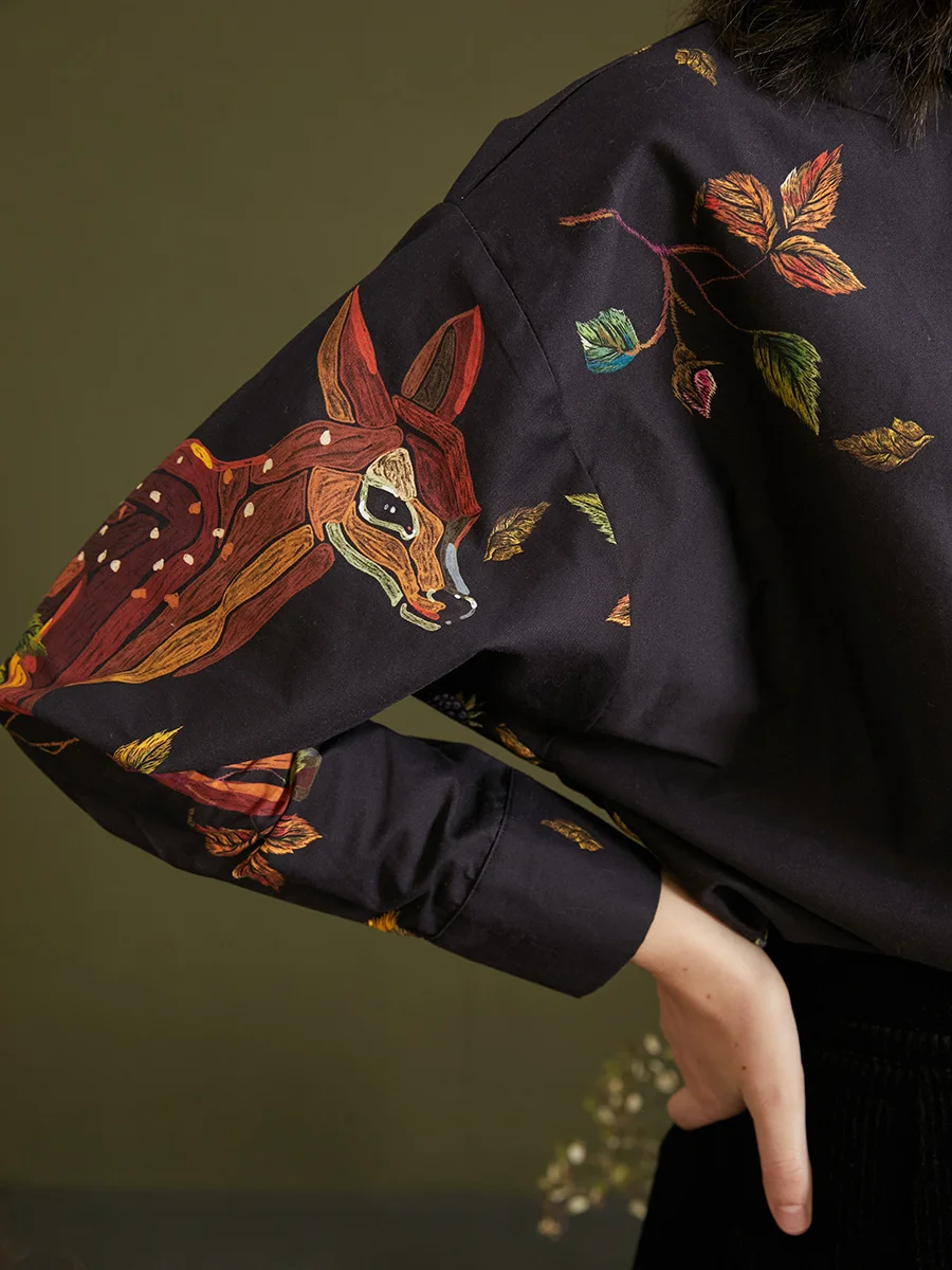 LYNETTE\'S CHINOISERIE Spring Autumn Original Design Women Deer Leaves Print Color Contrast Loose Black Cotton Shirts/Blouses