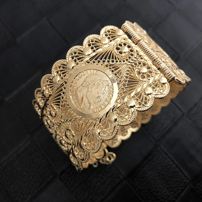 Algierska biżuteria damska bransoletka mankietowa bransoletka moneta bransoletka Hollow Bohemia etniczne ślubne Bijoux Hollow Flower Armlet
