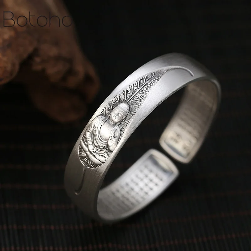 

Handmade 100% 999 Silver Cuff Bracelet Tibetan Buddha Bangle Buddhist Heart Sutra Good Luck Cuff Bracelet Thai Silver