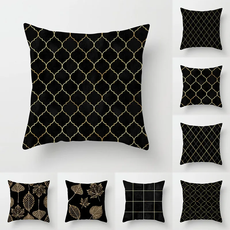 Modern Geometric Gold Black Cushion Cover Gold Plant Leaves Print Simple Black Pillowcase Sofa Car Seat Decorative Throw Pillows