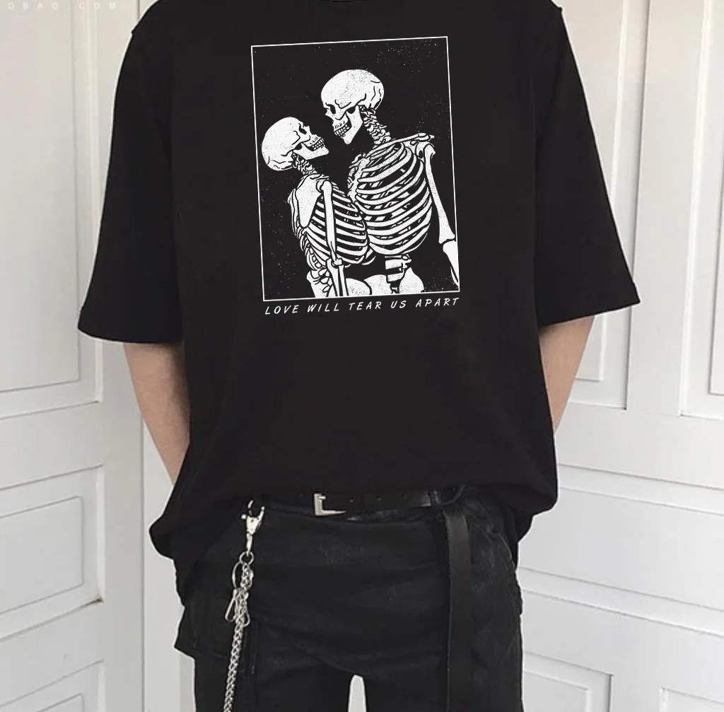 Dreamchase-JF Love Will Tear Us Apart Skeleton Printed T Shirt Man Women Short Sleeve Cotton Printing Street Style Outfits