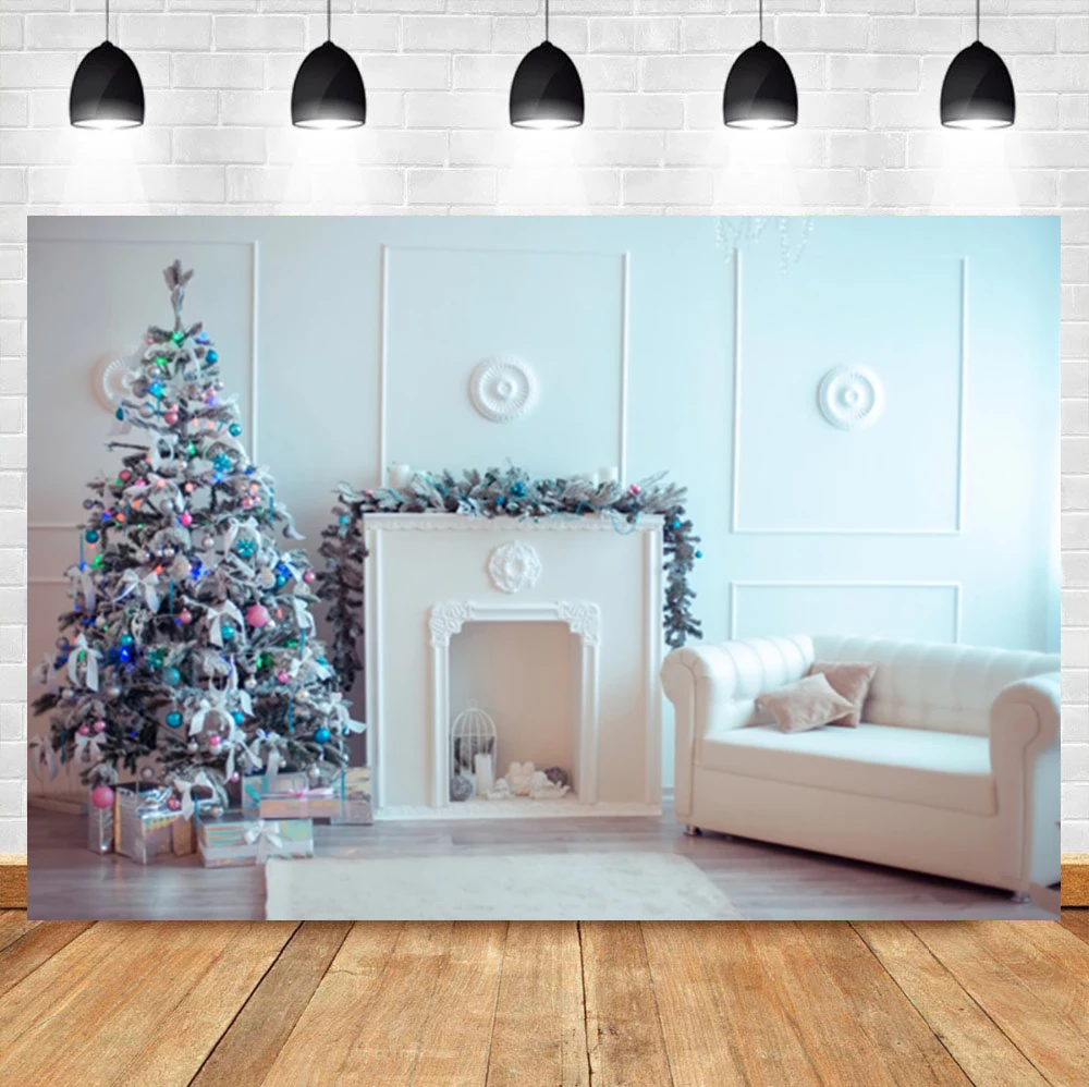 Laeacco Indoor White Wall Christmas Tree Fireplace Sofa Baby Birthday Backdrop Photographic Photo Background For Photo Studio