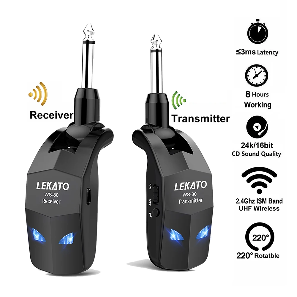 LEKATO 2.4GHz Wireless Guitar Bass System Built-In Rechargeable Guitar Transmitter Guitar Wireless System Transmitter Receiver