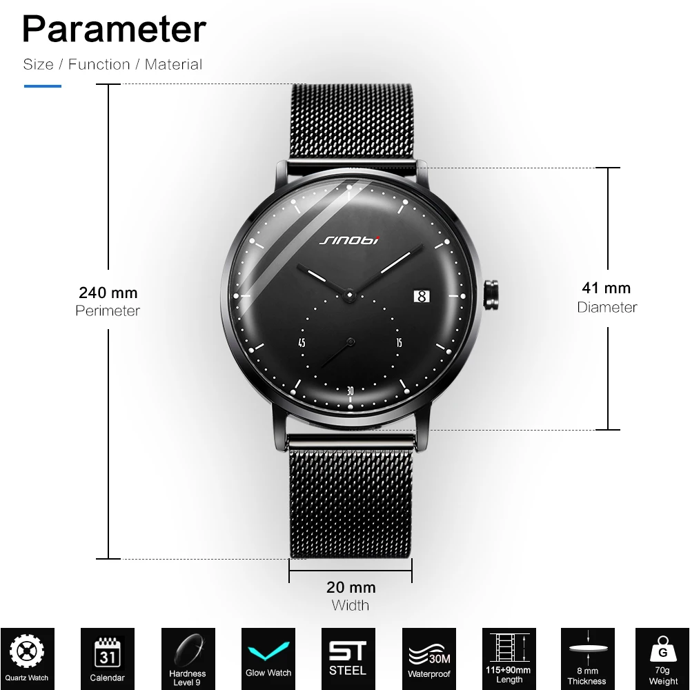 SINOBI Luxury Quartz Men\'s Watches 42mm Dial Waterproof Wristwatch Waterproof Luminous Pointer Clock Stainless Man Sport Watch