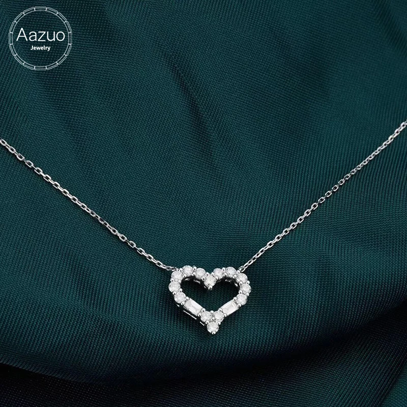 Aazuo Real 18K White Gold Real Emerald Cut Diamond Lovely Heart Pendent With Chain Necklace gifted for Women 18Inch Au750