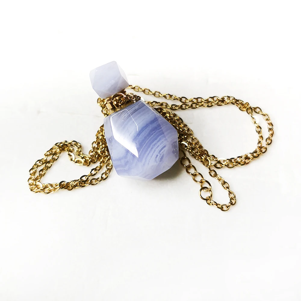 

Natural Blue Lace Agate Perfume Bottle Pendant Quartz Gemstone Faceted Essential Oil Vial Gold Chain Healing Crystal Jewelry