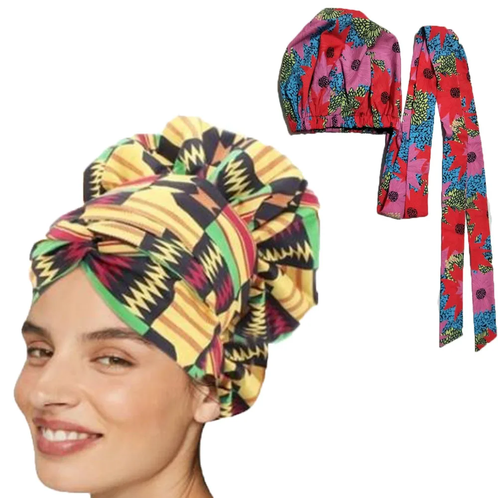 2021 African Ankara Turban Pattern Satin Linned Bonnet Women Long Ribbon Headwrap Double Layer Headscarf Big Size Hair Cover