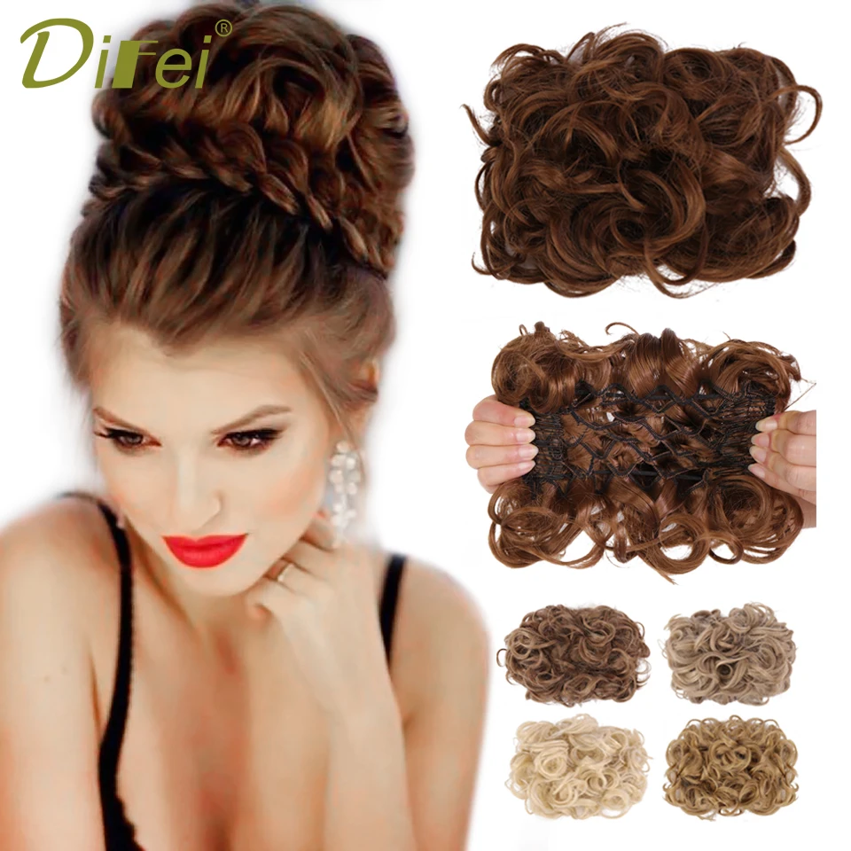 DIFEI włosy syntetyczne Chignon koński ogon do przedłużania włosów Bun Hairpiece Scrunchie elastyczna fala ślubna kędzierza-ciemny blond