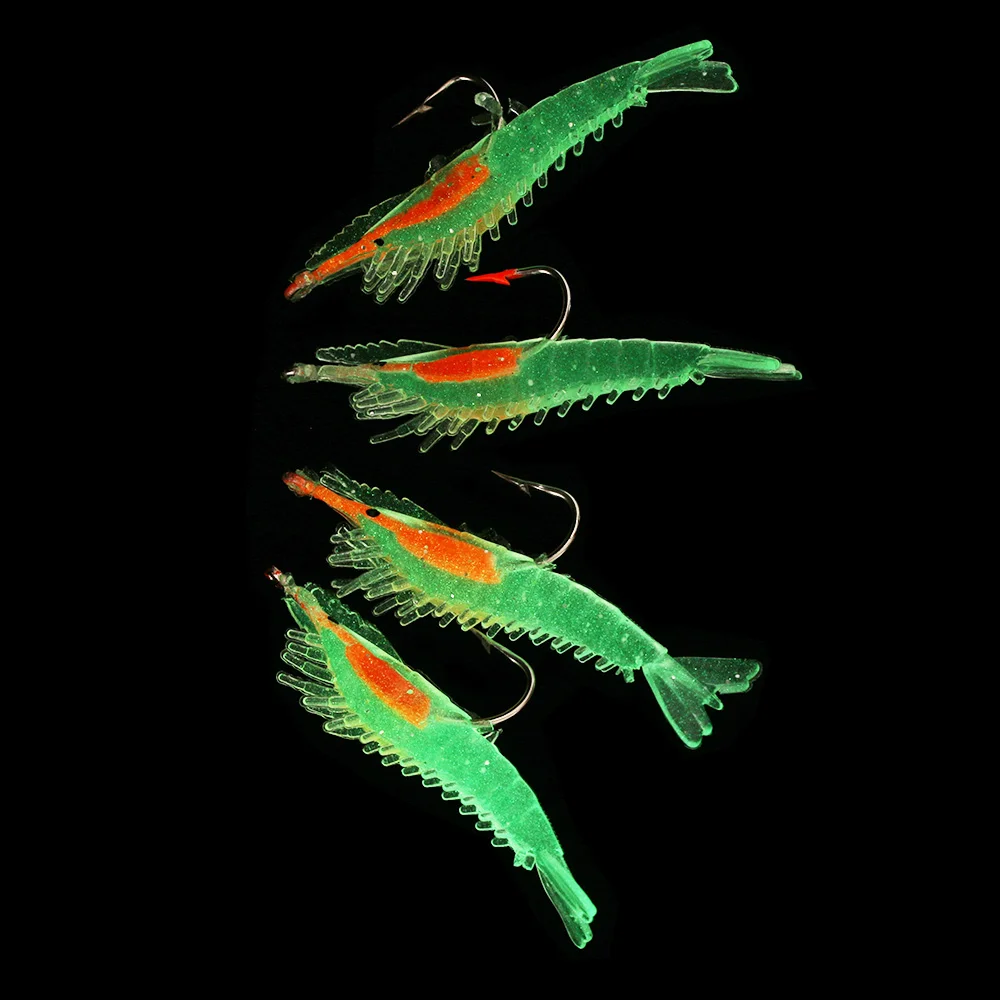 4 PCs Luminous Shrimp Fake Baits Soft Simulation Prawn Lure Fishy Smell Artificial Trout Bait with Single Hook Sea Fishing Tools