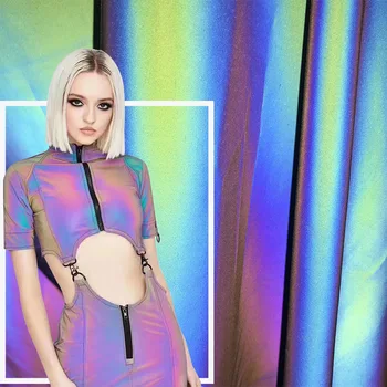 Tessuto riflettente arcobaleno di larghezza 140 cm colorato ad alta luminosità fai da te per vestiti sfumatura magica riflettente di colore